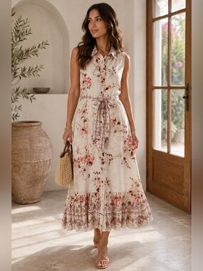 Elie Tahari Blushing Garden Linen Blend Floral Maxi Dress NWT Size 10